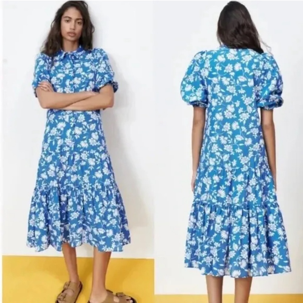 ZARA Poplin Blue Puff Sleeve Midi Dress Button Down Collared Size XS/S